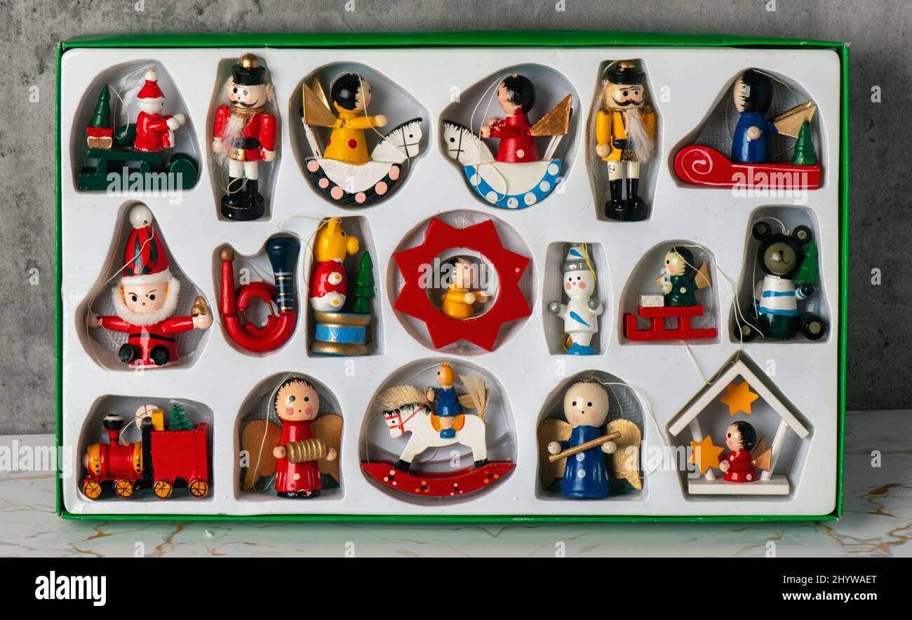 Collection de décoration de Noël en bois, en boîte Banque D'Images