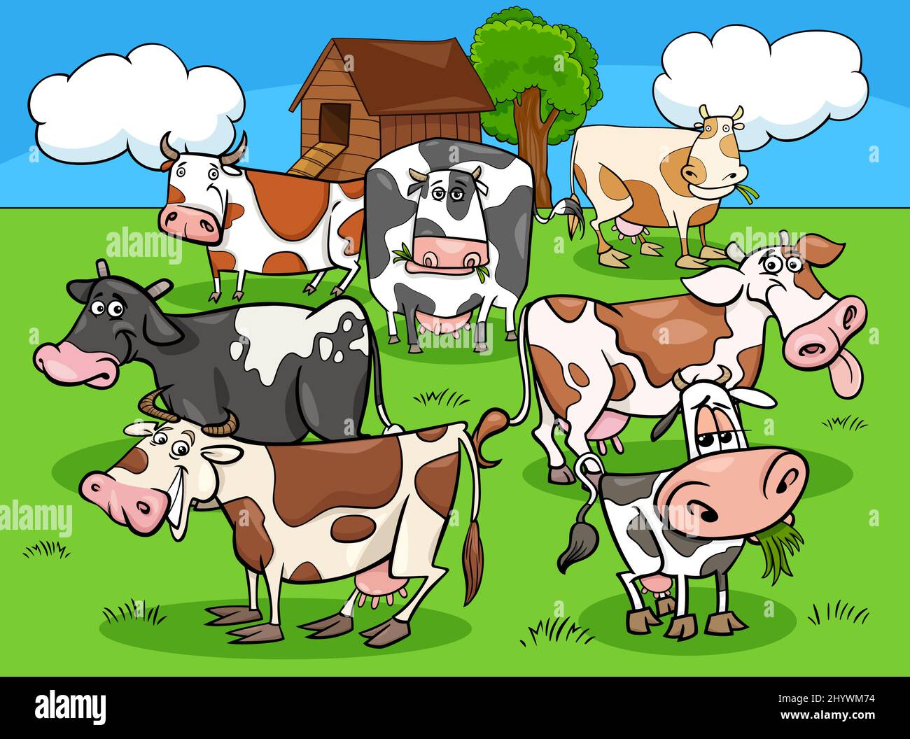 Illustration de dessins animés de vaches de ferme des personnages animaux dans la campagne Illustration de Vecteur