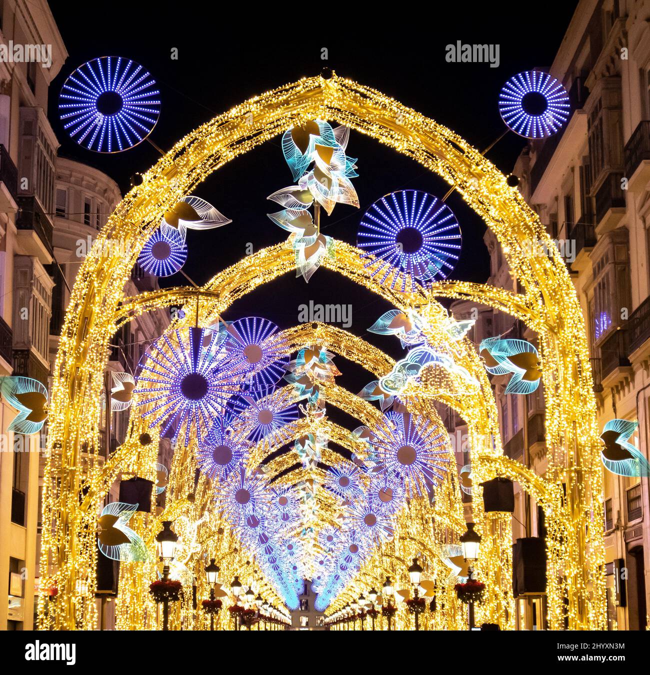 Des milliers de personnes apprécient le spectacle de Noël "la forêt de Noël", dans la célèbre rue Marquez de Larios, le centre de Malaga. Banque D'Images