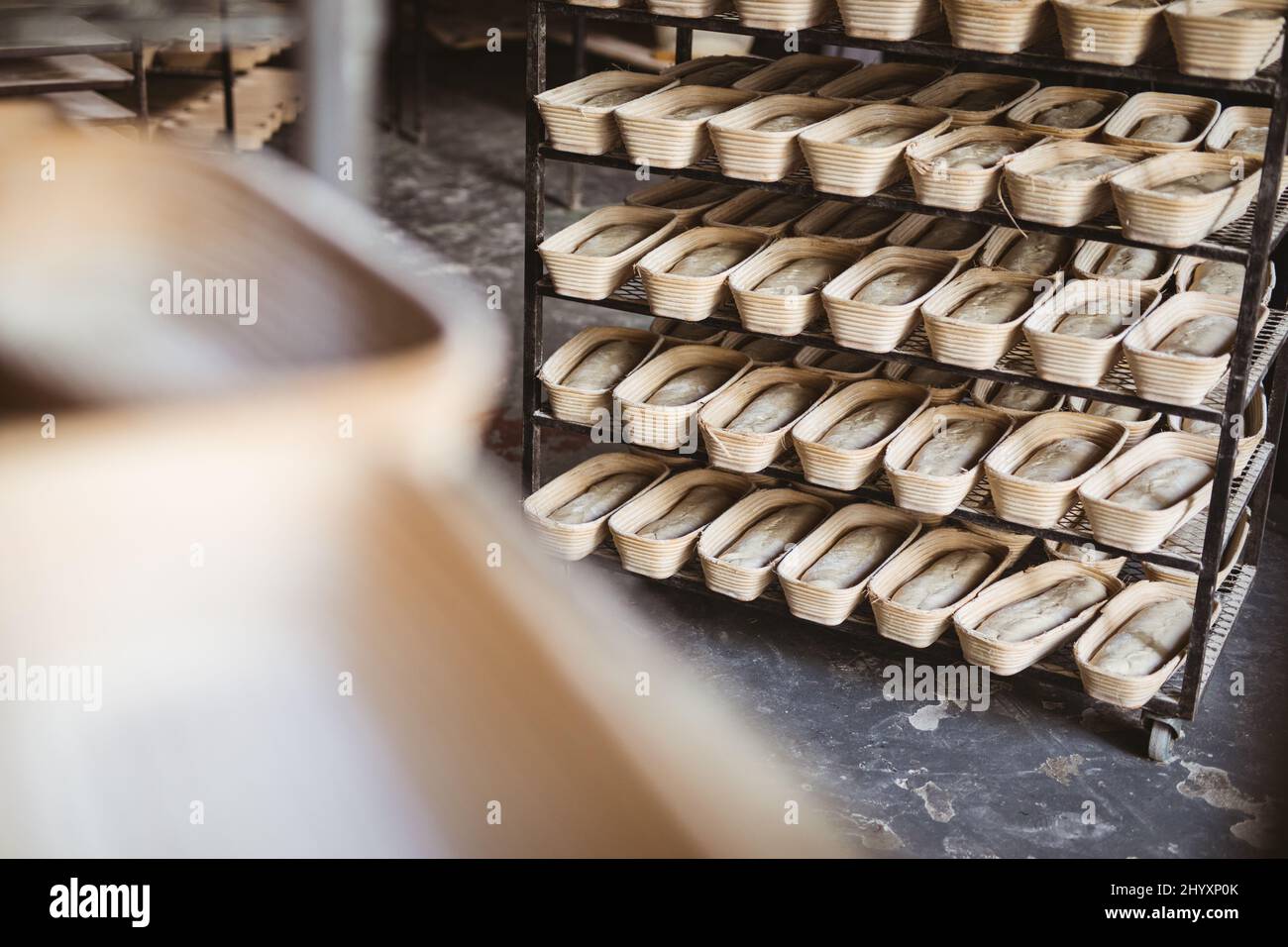 Doug dans des contenants de pain en osier disposés côte à côte dans le rack à la boulangerie Banque D'Images