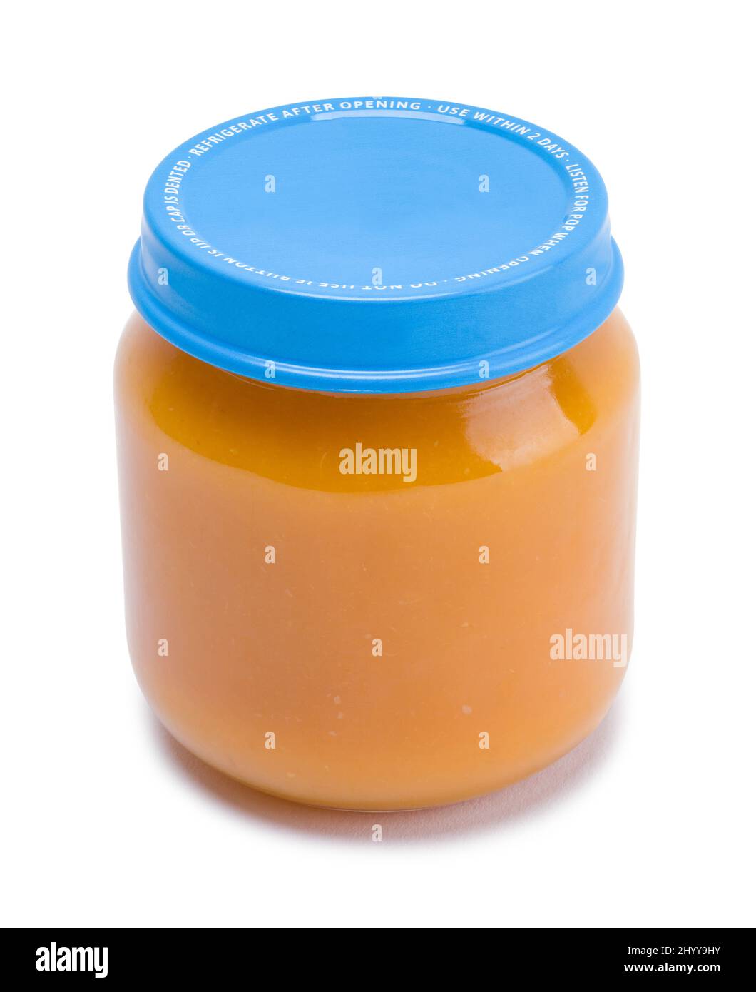 Pot à nourriture pour bébé avec couvercle bleu découpé. Banque D'Images