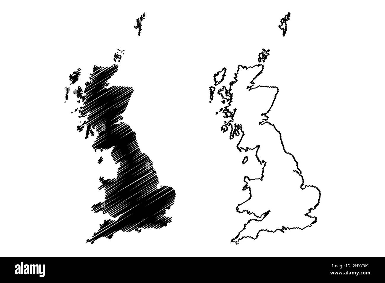 Île de Grande-Bretagne (Royaume de Grande-Bretagne, îles britanniques, Angleterre, Écosse, pays de Galles) carte illustration vectorielle, carte d'esquisse griffée Illustration de Vecteur