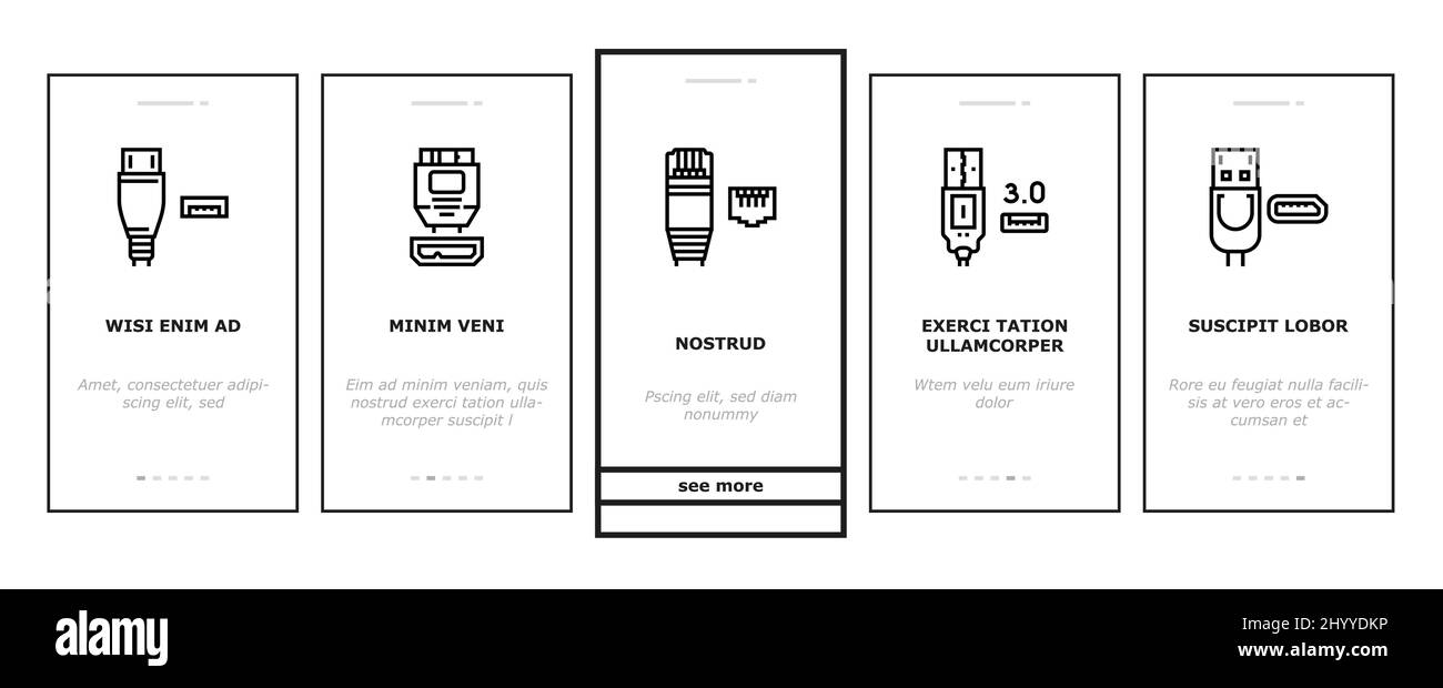 Câble et port USB achats Onboarding Icons Set Vector Illustration de Vecteur