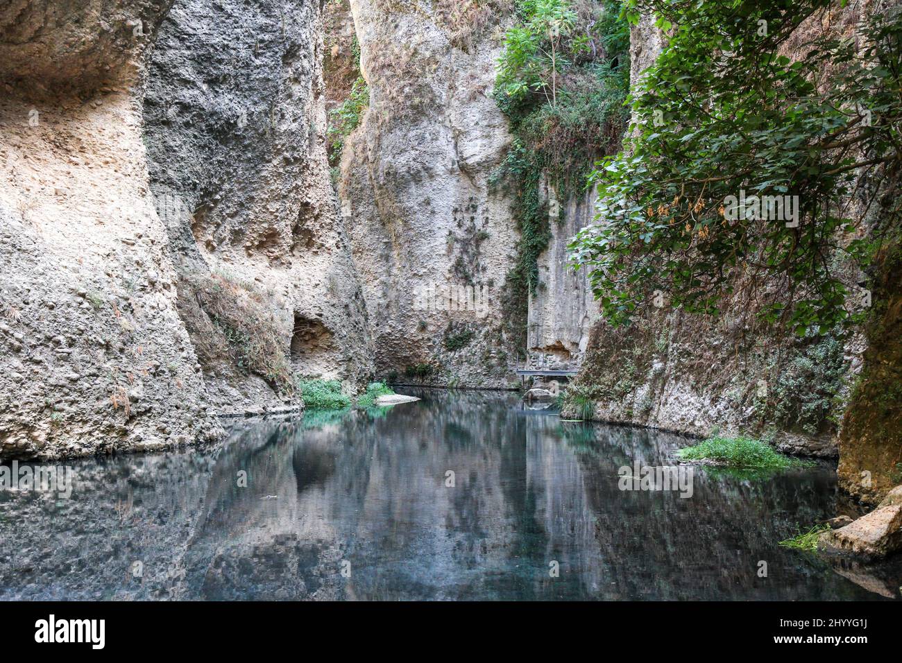 La rivière Guadalevín à Ronda. Le fleuve traverse la ville, la divisant en deux et sculptant la pente, avec plus de then100 mètres de profondeur El canyon Tajo Banque D'Images