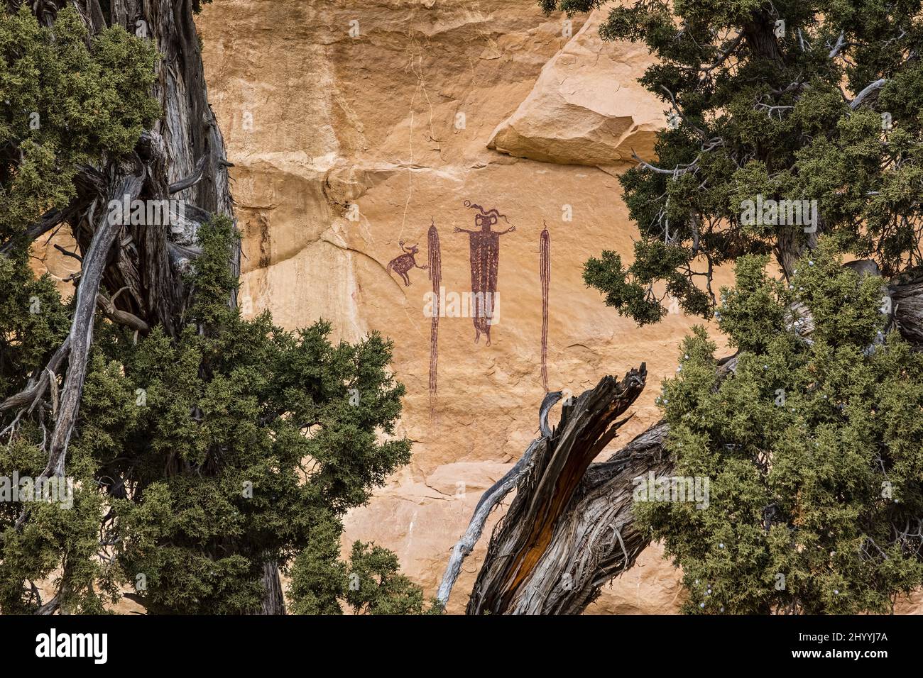 Ce panneau d'art rupestre de style Barrier Canyon se trouve dans la région de San Rafael Swell dans l'Utah, connue sous le nom de Head of Sinbad. Ces pictogrammes étaient pai Banque D'Images
