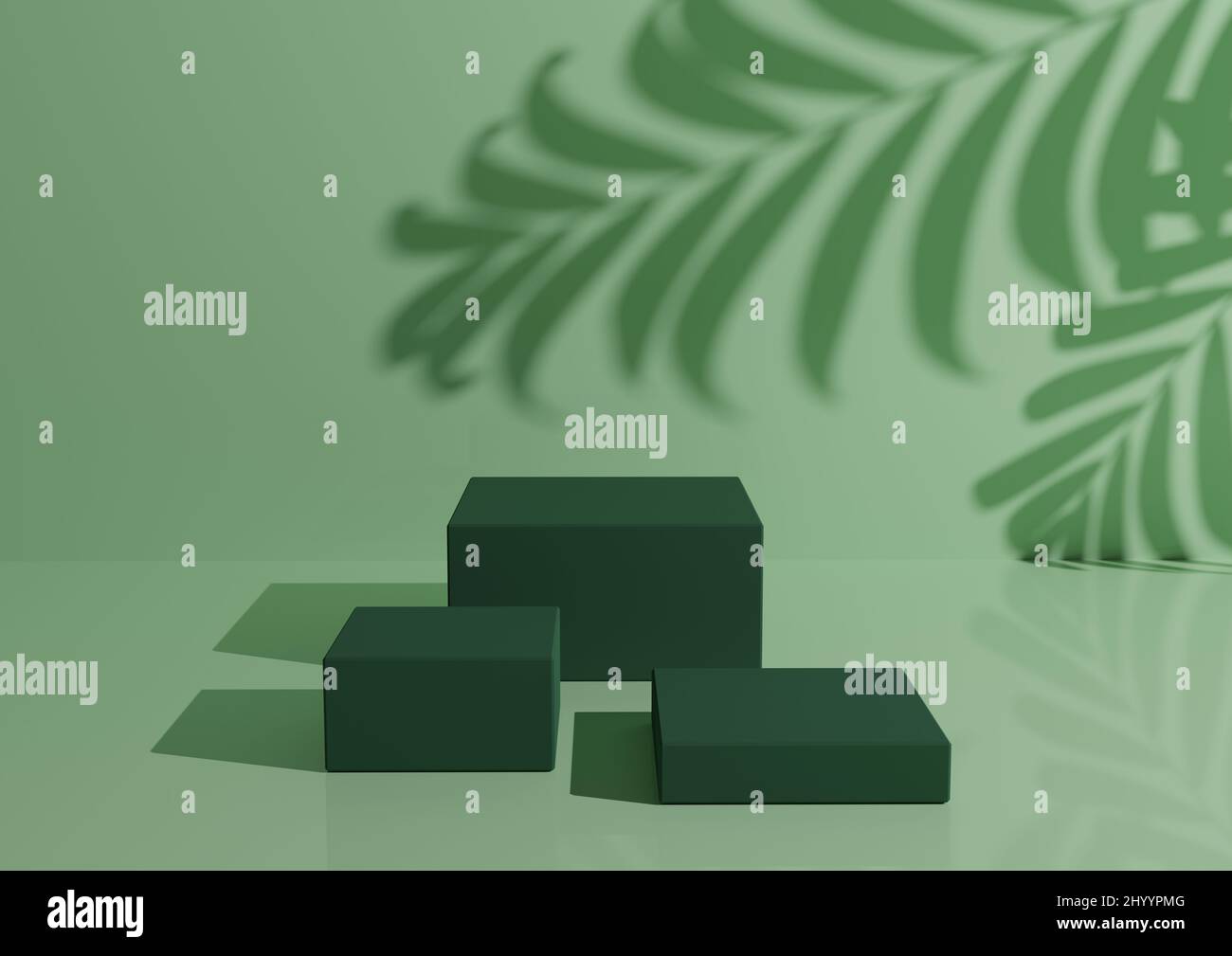 Trois podiums ou supports vert foncé sur fond vert pastel pour l'affichage du produit. Composition minimaliste pour la photographie de produit 3D rendu maquette. Banque D'Images