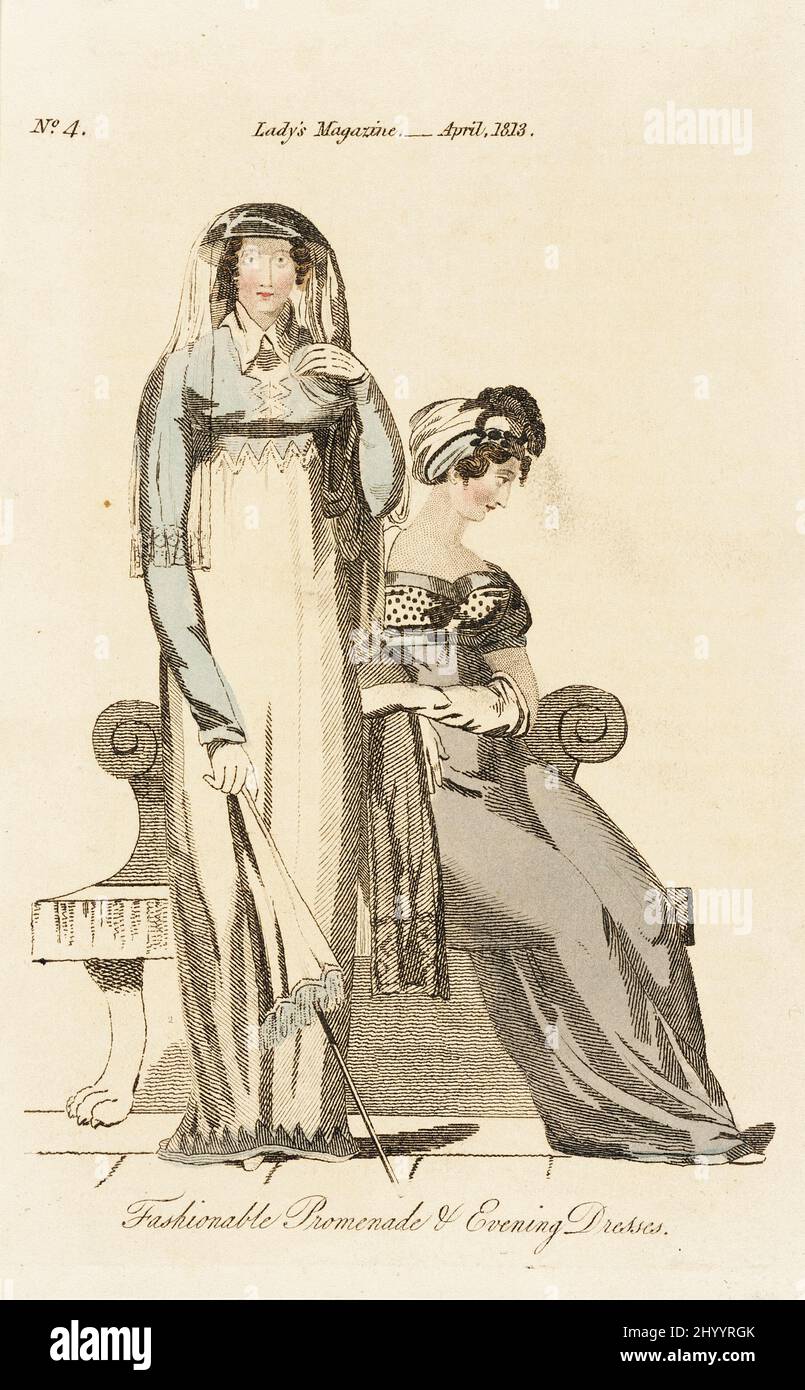 Fashion plate, « Promenade à la mode et robes de soirée » pour « Lady's Magazine ». Angleterre, Londres, avril 1813. Gravures; gravures. Gravure manuelle sur papier Banque D'Images