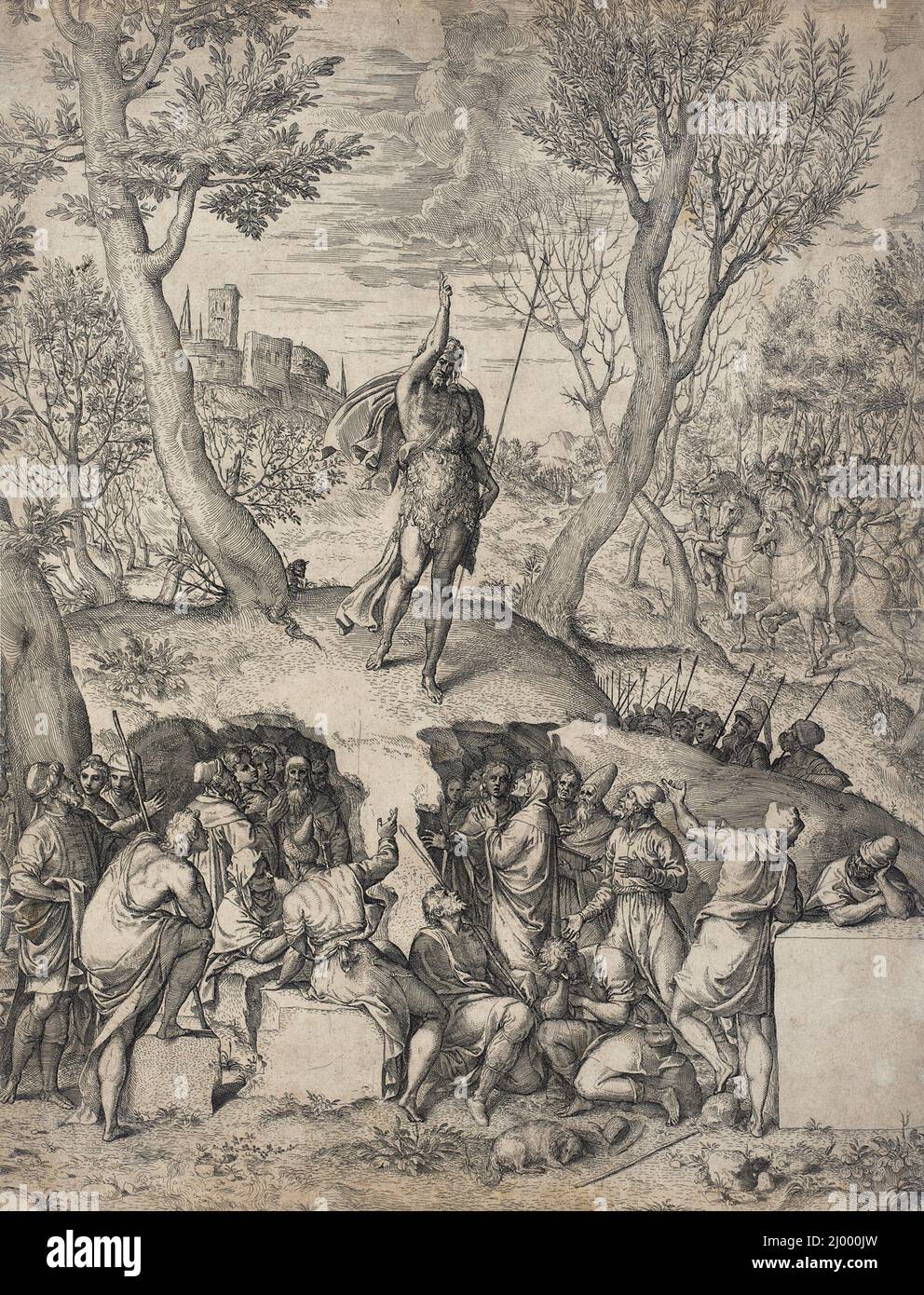 Saint Jean le Baptiste prêcher. Giovanni Battista Fontana (Italie, Ala, 1524-1587). Italie, 1558-1580. Tirages ; gravures. Gravure Banque D'Images