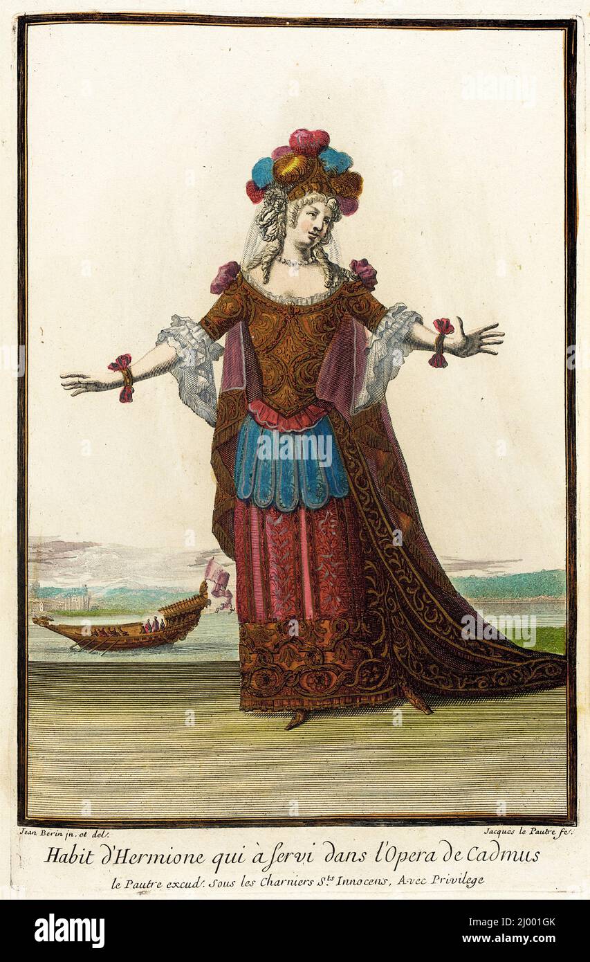 Receil des modes de la cour de France, 'habitude d'Hermoine qui à Servi dans l'Opéra de Cadmus'. Jean Berain (France, 1637/1640-1711)Jacques Lepautre (France, Paris, 1653-1684)Jean Lepautre (France, Paris, 1618-1682). France, Paris, vers 1682, en direction de 1703-1704. Imprime. Gravure manuelle sur papier Banque D'Images