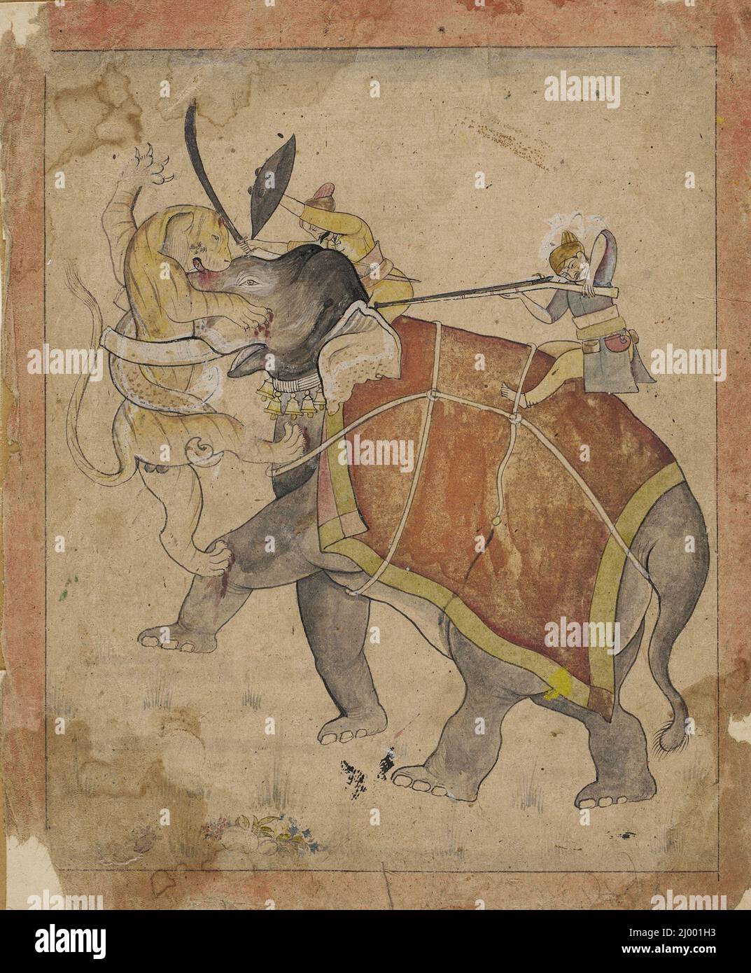 Un chasseur tirant sur un tigre attaquant son éléphant. Inde, Himachal Pradesh, Guler, vers la fin du 18th siècle. Mises en plan; aquarelles. Encre et aquarelle opaque sur papier Banque D'Images