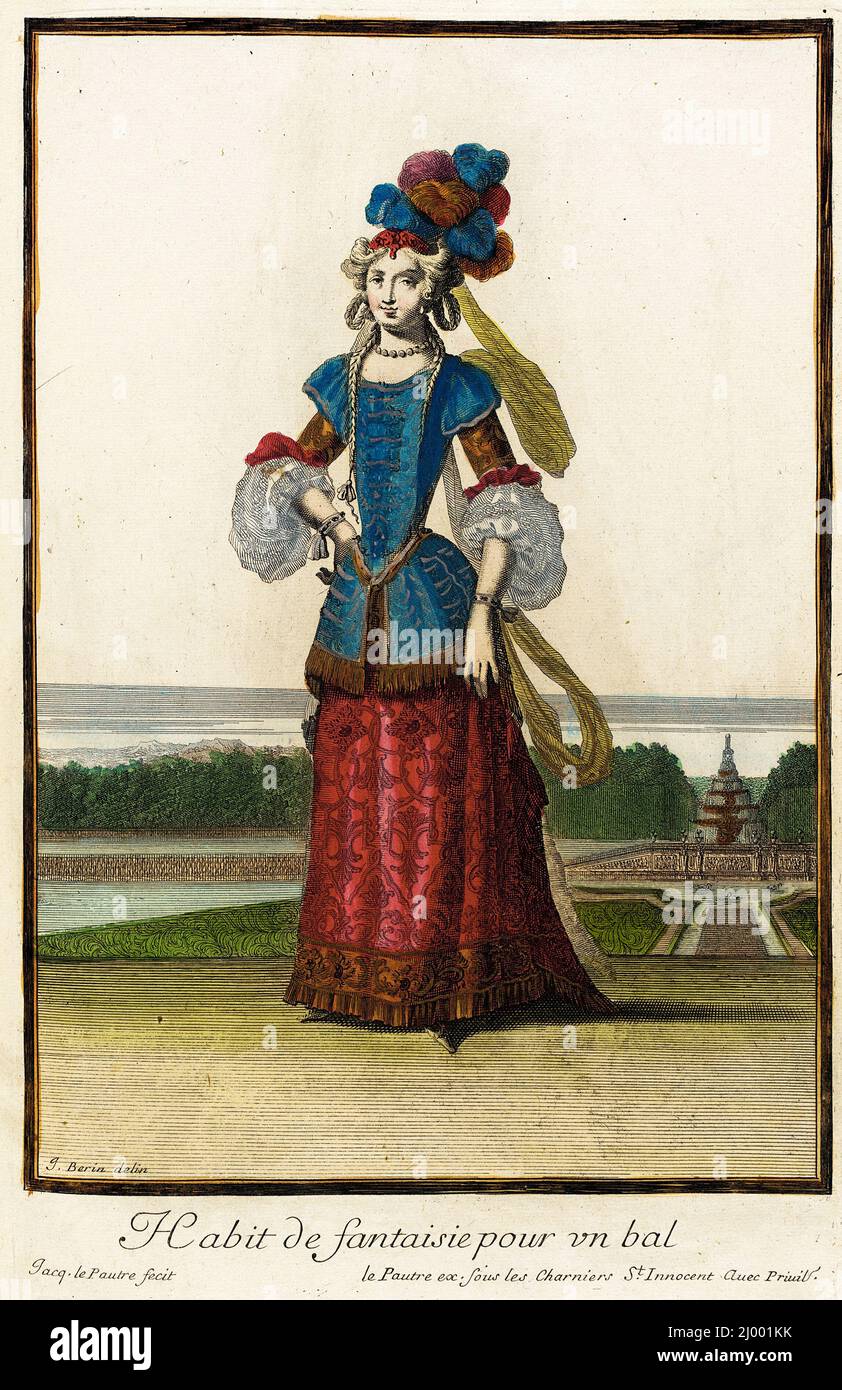 Recueil des modes de la cour de France, 'habitude de fantaisie pour un bal'. Jean Berain (France, 1637/1640-1711)Jacques Lepautre (France, Paris, 1653-1684)Jean Lepautre (France, Paris, 1618-1682). France, Paris, vers 1682, en direction de 1703-1704. Imprime. Gravure manuelle sur papier Banque D'Images