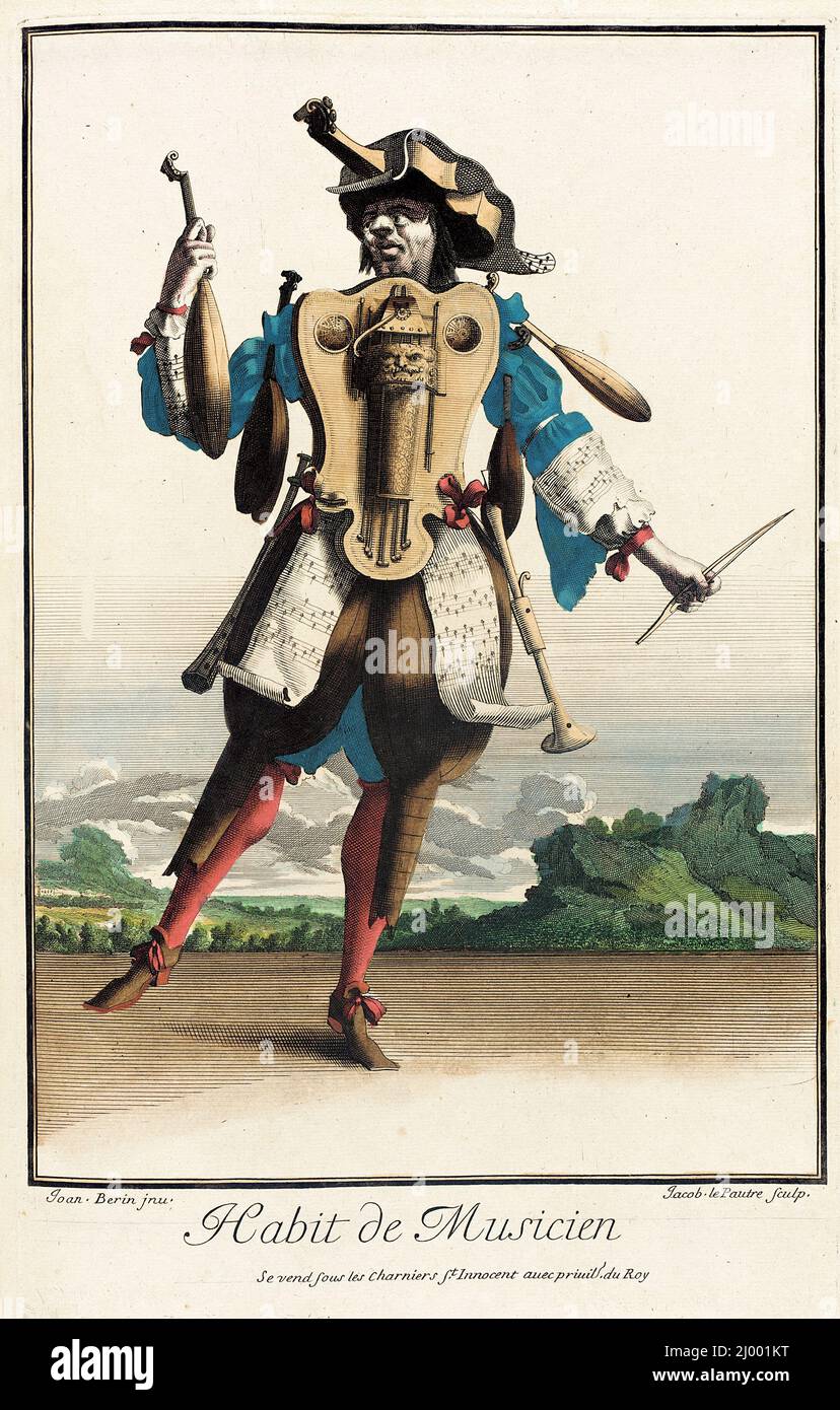 Recueil des modes de la cour de France, « habitude de Musicien ». Jean Berain (France, 1637/1640-1711)Jacques Lepautre (France, Paris, 1653-1684)Jean Lepautre (France, Paris, 1618-1682). France, Paris, vers 1682, en direction de 1703-1704. Imprime. Gravure manuelle sur papier Banque D'Images