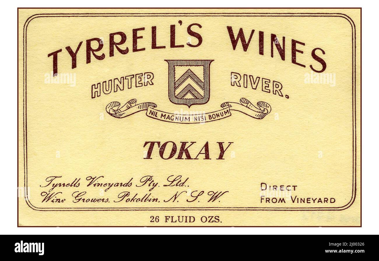 TYRRRELLS WINES Vintage 1900s bouteille de vin austrlian étiquette pour les vins de Tyrrell 'TOKAY' Hunter River Nouvelle-Galles du Sud Australie Banque D'Images