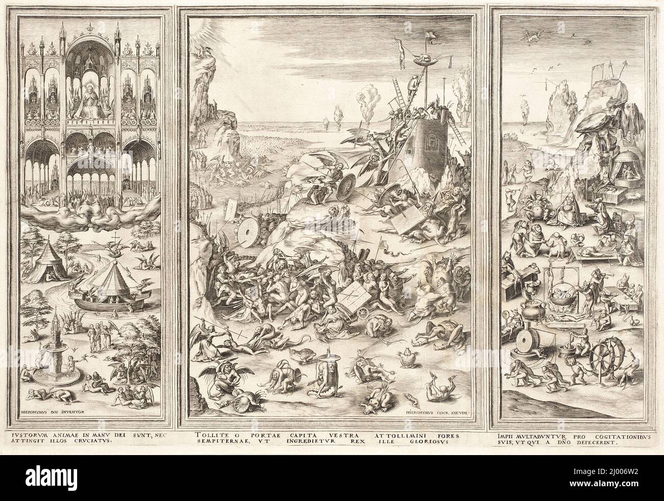 Le jugement dernier. Hieronymus Bosch (après) (pays-Bas, s&#039;Hertogenbosch, vers 1450-1516)Cornelis Cort (pays-Bas, Hoorn, 1533-1578). Flandre, vers 1560-1565. Gravures; gravures. Gravure Banque D'Images