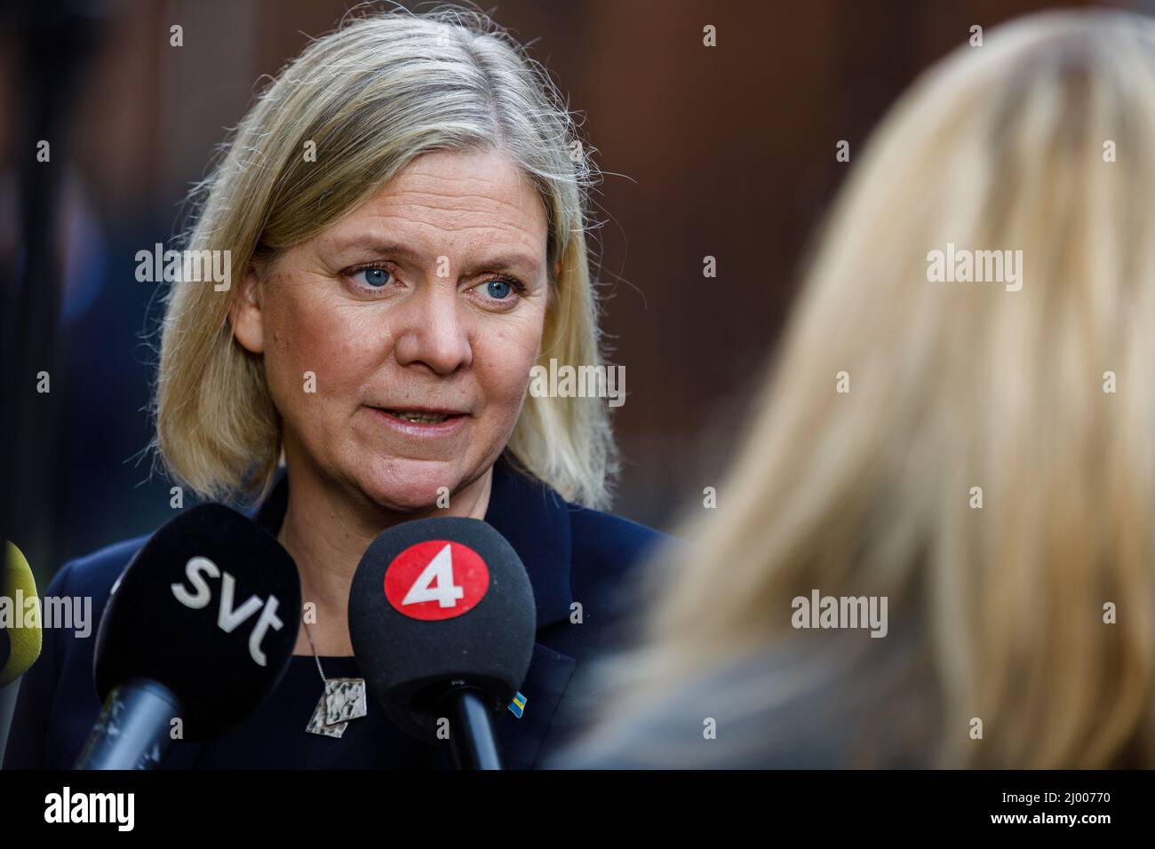 Downing St. London, Royaume-Uni. 15th mars 2022.Magdalena Andersson, Premier ministre de Suède, s'adresse aux médias à la suite de sa rencontre avec le Premier ministre britannique, Boris Johnson, au 10 Downing Street. Chris Aubrey/Alamy Live News Banque D'Images