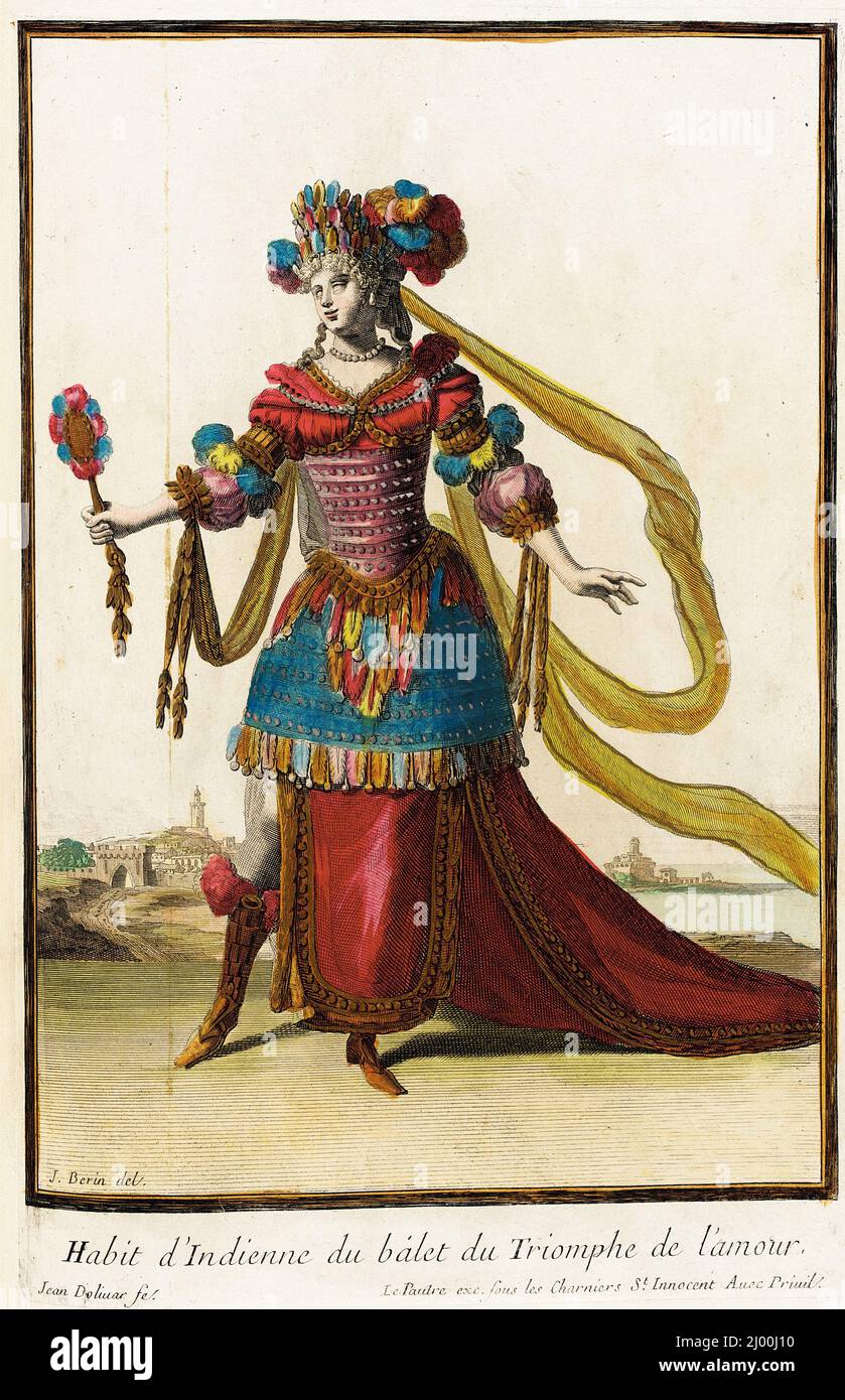 Receil des modes de la cour de France, 'habitude d'INDIENNE du Balet du Triomphe de l'Amour'. Jean Berain (France, 1637/1640-1711)Jacques Lepautre (France, Paris, 1653-1684)Jean Dolivar (Espagne, Saragosse, Active France 1670-1690, 1641 - 1692). France, Paris, vers 1682, en direction de 1703-1704. Imprime. Gravure manuelle sur papier Banque D'Images