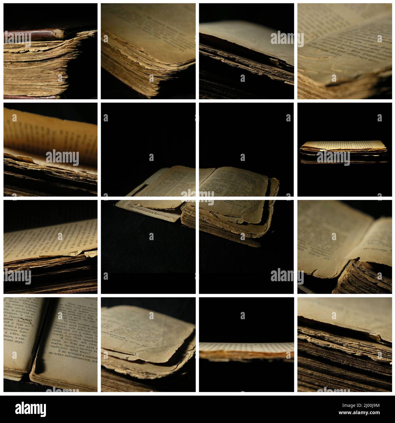 Collage de photos. Vieux livre de merde isolé sur fond noir. Exposition du musée historique. Filtre de processus croisé, style rétro et vintage. JE Banque D'Images