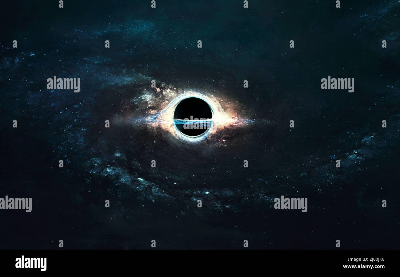 3D illustration d'un grand trou noir qui fait voila l'espace autour. 5K art de la science-fiction réaliste. Éléments d'image fournis par la NASA Banque D'Images