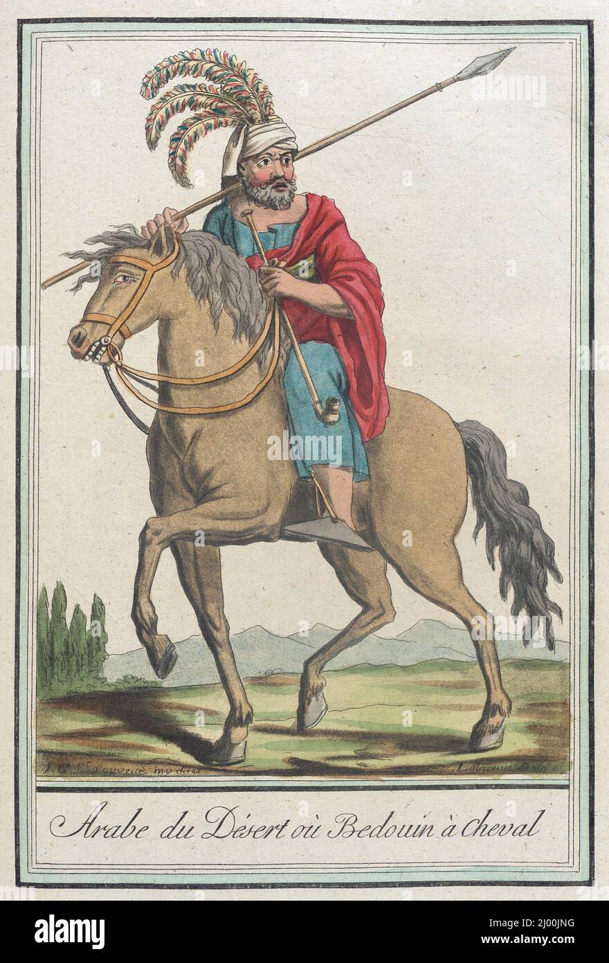 Costumes de différents pays, 'arabe du désert où Bedouin à Cheval'. L. F. Labrousse (France, Bordeaux, actif fin du siècle 18th)Jacques Grasset de Saint-Sauveur (France, 1757-1810). France, vers 1797. Gravures; gravures. Gravure sur papier teintée à la main Banque D'Images