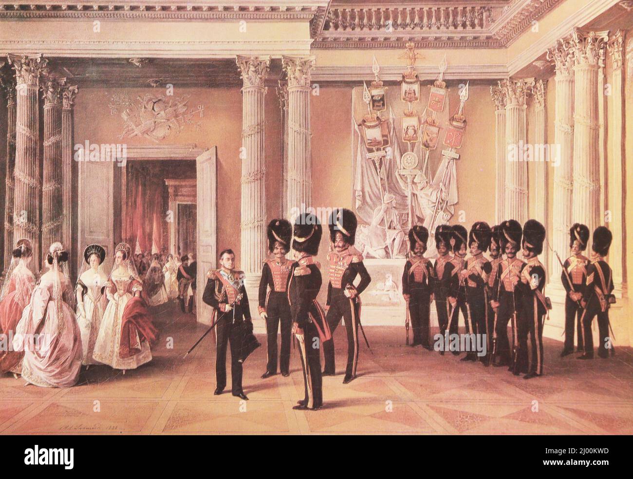 La salle d'Armorial du Palais d'hiver à Saint-Pétersbourg. Peinture de 1834. Banque D'Images