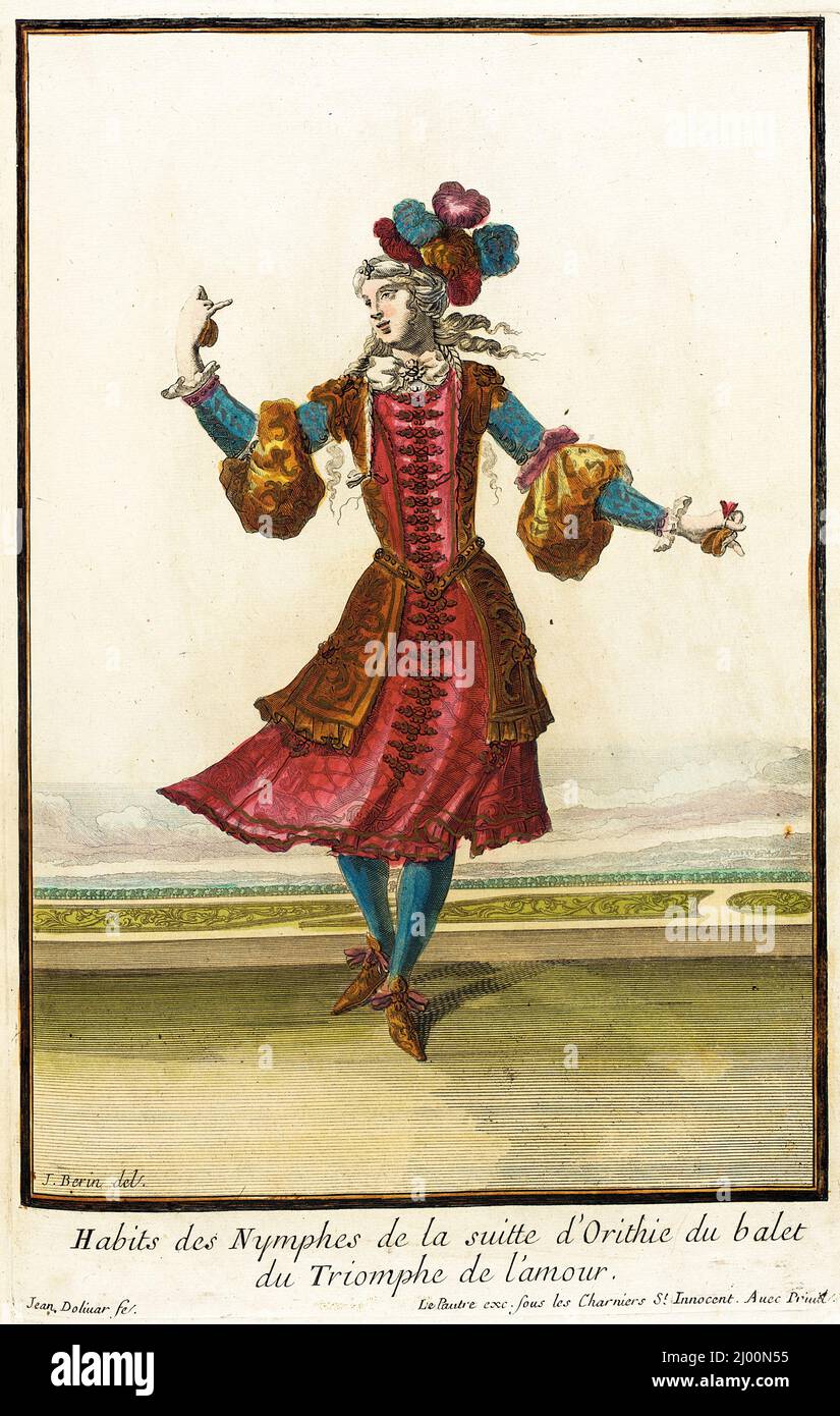 Recueil des modes de la cour de France, 'habitudes des Nymphes de la Suitte d'Orithie du Balet du Triomphe de l'Amour'. Jean Berain (France, 1637/1640-1711)Jean Lepautre (France, Paris, 1618-1682)Jacques Lepautre (France, Paris, 1653-1684). France, Paris, vers 1682, en direction de 1703-1704. Imprime. Gravure manuelle sur papier Banque D'Images