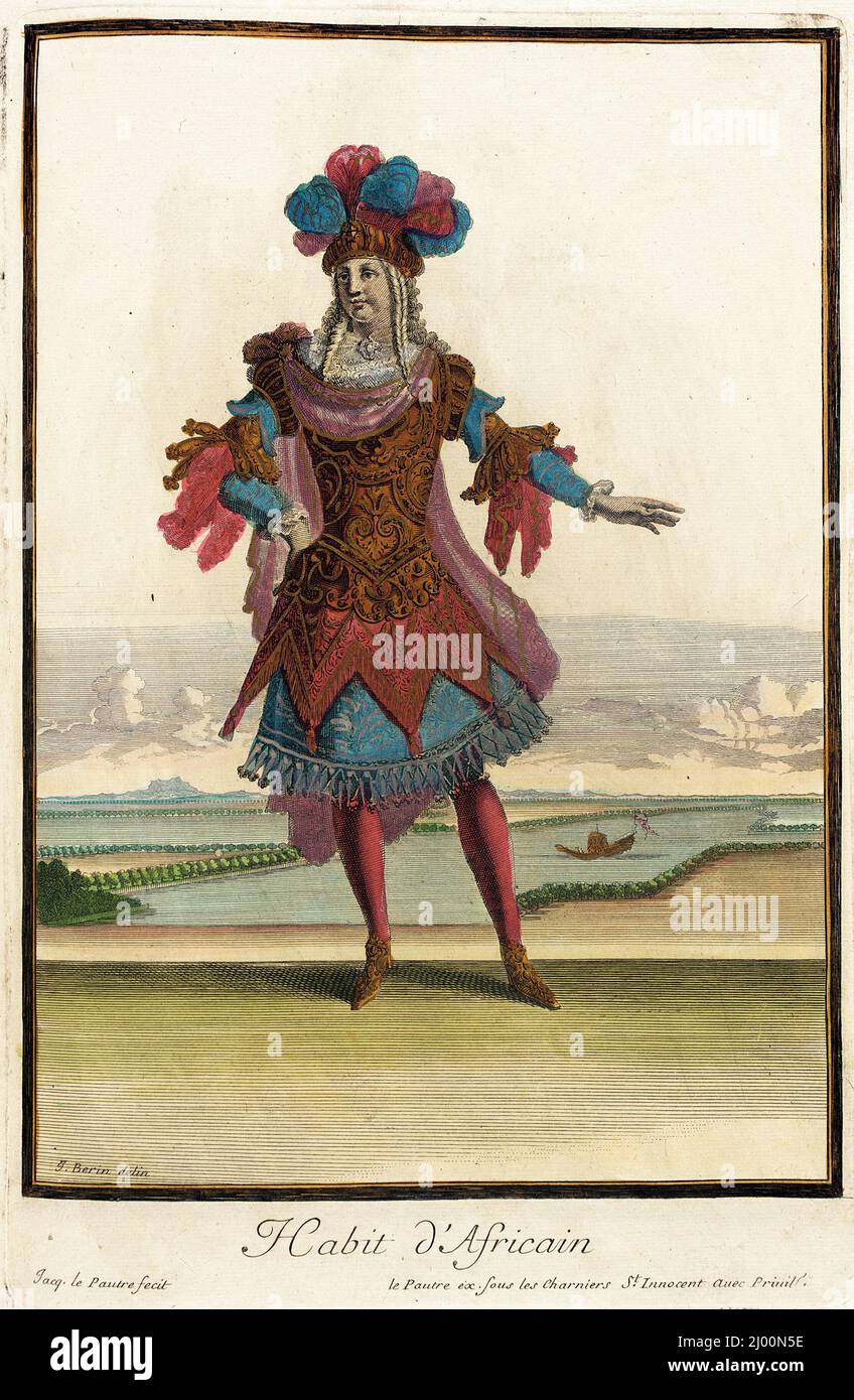 Recueil des modes de la cour de France, 'habitude d'Africain'. Jean Lepautre (France, Paris, 1618-1682)Jean Berain (France, 1637/1640-1711)Jacques Lepautre (France, Paris, 1653-1684). France, Paris, vers 1682, en direction de 1703-1704. Imprime. Gravure manuelle sur papier Banque D'Images