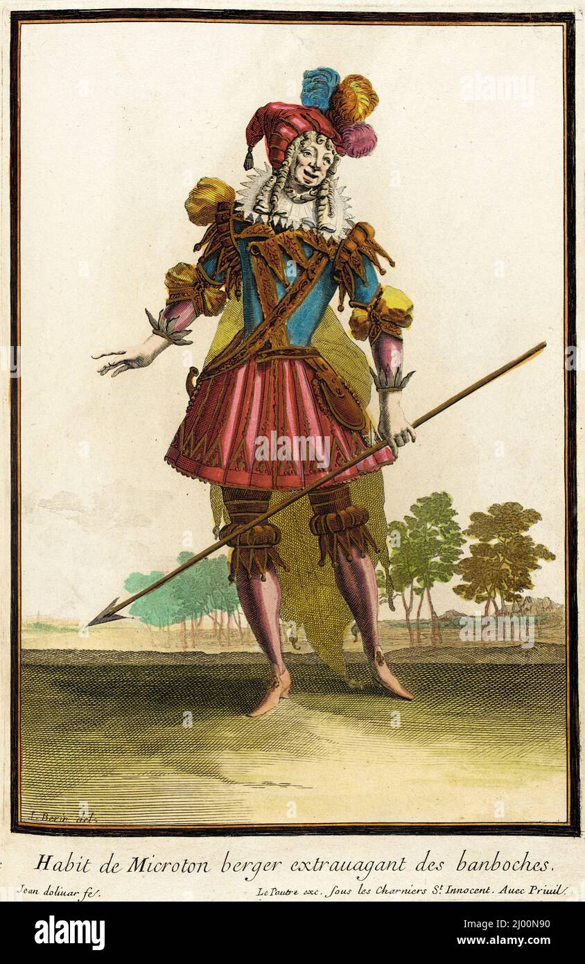 Recueil des modes de la cour de France, « habitude de Microton Berger extravagant des Banboches ». Jean Dolivar (Espagne, Saragosse, France active 1670-1690, 1641 - 1692)Jean Berain (France, 1637/1640-1711)Jacques Lepautre (France, Paris, 1653-1684). France, Paris, vers 1682, en direction de 1703-1704. Imprime. Gravure manuelle sur papier Banque D'Images