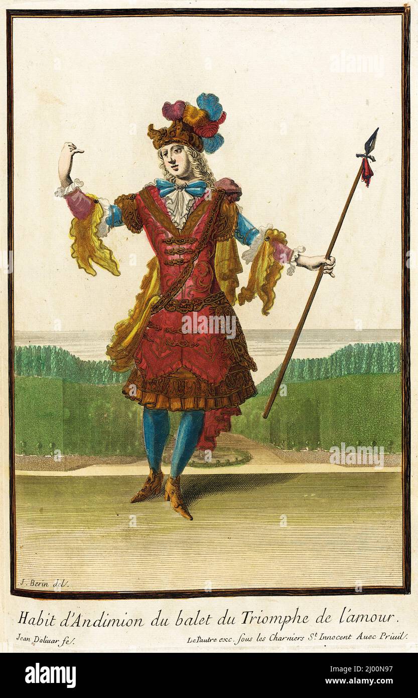 Recueil des modes de la cour de France, 'habitude d'Andimidimion du Balet du Triomphe de l'Amour'. Jean Berain (France, 1637/1640-1711)Jean Lepautre (France, Paris, 1618-1682)Jean Dolivar (Espagne, Saragosse, Active France 1670-1690, 1641 - 1692)Jacques Lepautre (France, Paris, 1653-1684). France, Paris, vers 1682, en direction de 1703-1704. Imprime. Gravure manuelle sur papier Banque D'Images