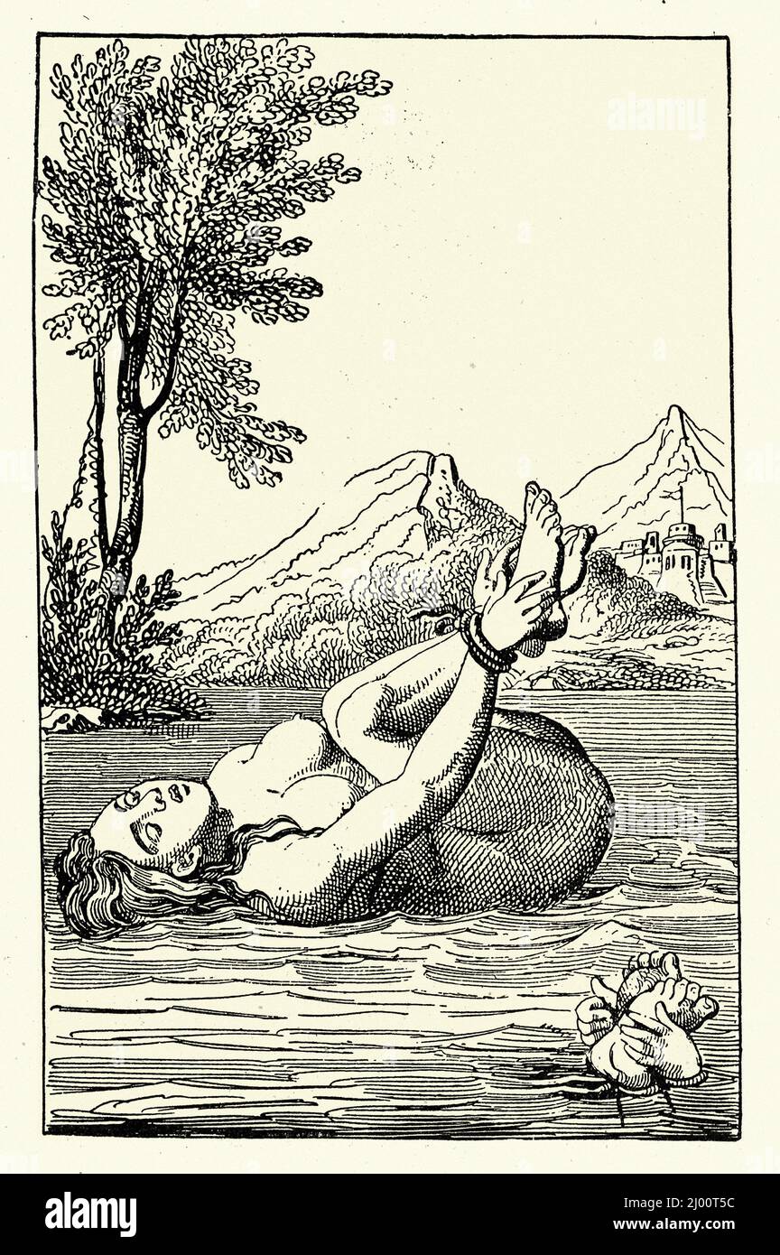 Le test de sorcière, femme attachée jetée dans une rivière, pour sorcellerie. Après une coupe de bois de 16th siècle Banque D'Images