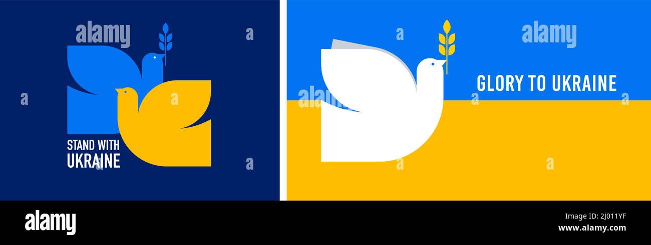 Oiseau volant, colombe comme un symbole de paix. Support Ukraine, Stand with Ukraine bannière et affiche en jaune et bleu couleurs Illustration de Vecteur