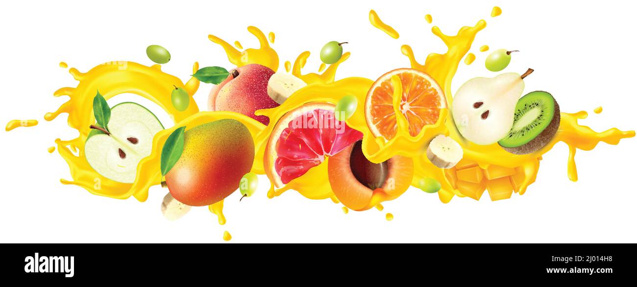 Jus spray et concept de fruits avec pomme orange et pêche illustration vectorielle réaliste Illustration de Vecteur