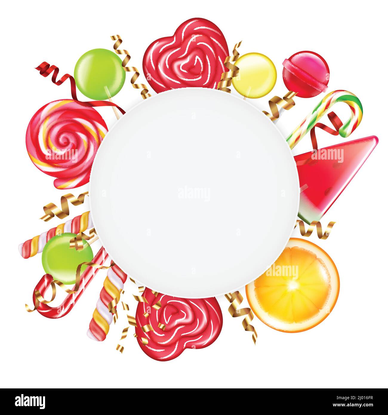 Bonbons agrumes roues spirale fleurs caramel Cannes sucettes cadre rond illustration vectorielle d'arrière-plan blanche à composition circulaire réaliste Illustration de Vecteur