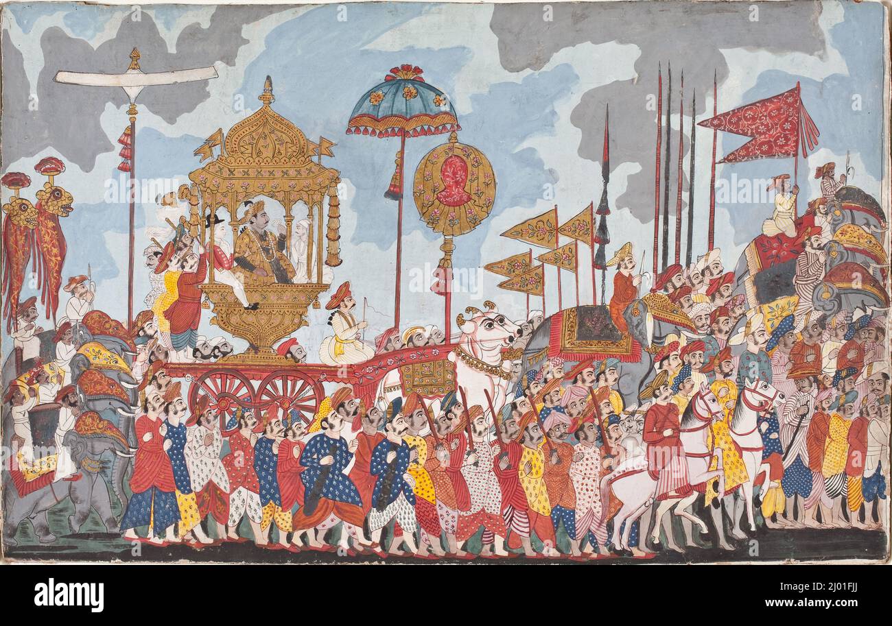 Procession royale avec Raja Amar Singh (régna 1787-1798) de Thanjavur. Inde, Tamil Nadu, Thanjavur (Tanjore), vers 1790. Mises en plan; aquarelles. Aquarelle opaque et or sur papier Banque D'Images
