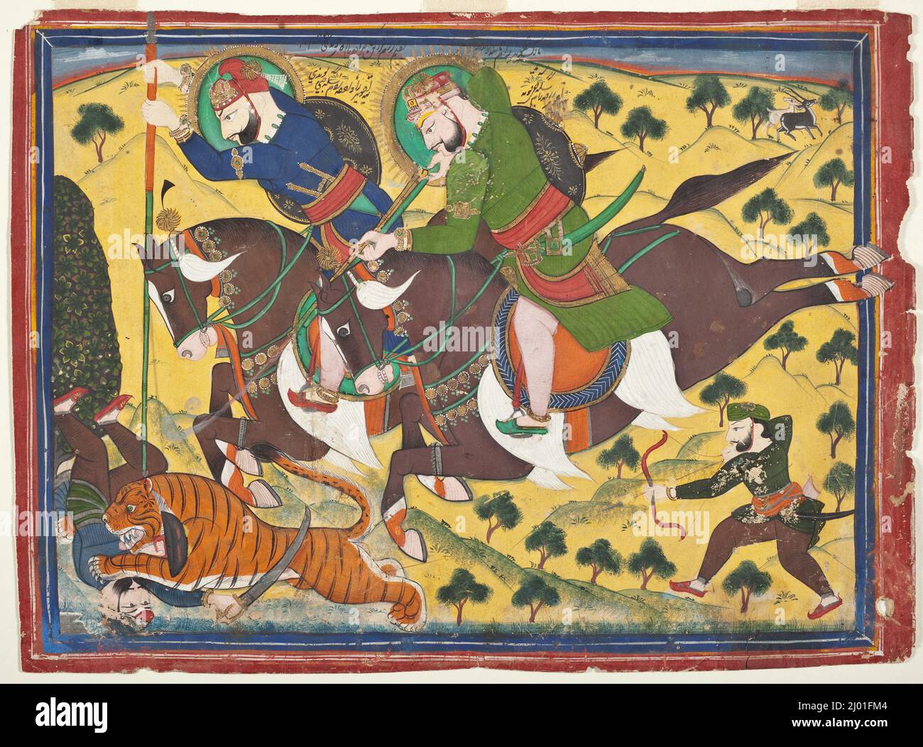 Maharao RAM Singh II de Kota (régné 1827-1866) chasse avec Maharao RAM Singh de Bundi (régné 1828-1866). Inde, Rajasthan, Kota, vers 1880. Mises en plan; aquarelles. Aquarelle opaque, or et encre sur papier Banque D'Images