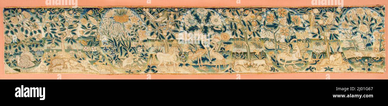 Cantonnière. Angleterre, premier quart du siècle 17th. Textiles; cantonnières. Toile en lin avec pointe en laine et soie Banque D'Images