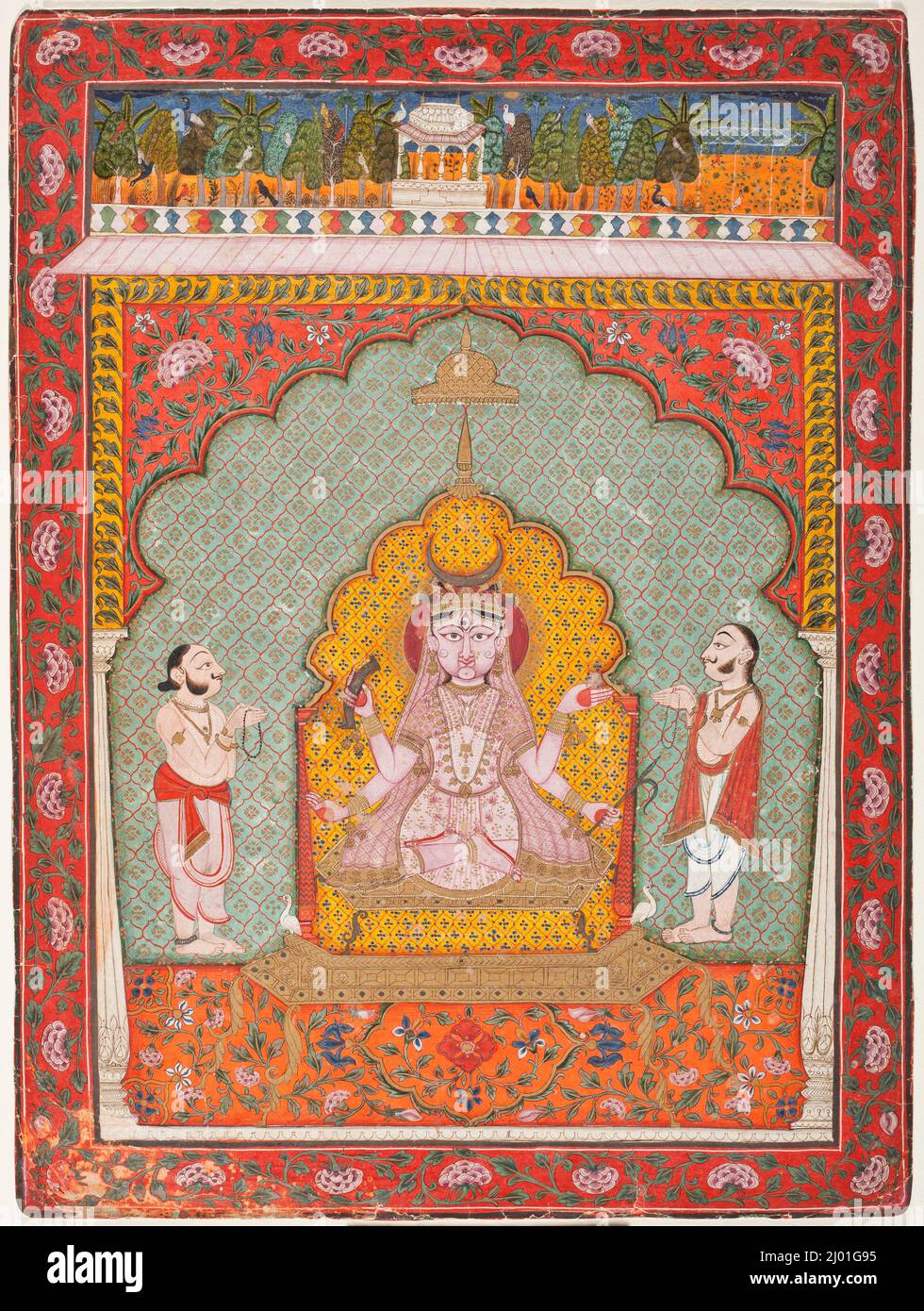 Durga étant adorée par deux dévotés. Inde, Rajasthan, Kota, vers 1850. Mises en plan; aquarelles. Aquarelle opaque, or et argent sur papier Banque D'Images