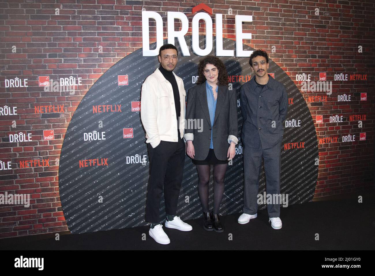 Paris, France, 15 mars 2022, Jean Siuen, Elsa Guedj et Younes Boucif  participant à la première de Role - France Inter x Netflix à la Maison de  la radio à Paris, France,