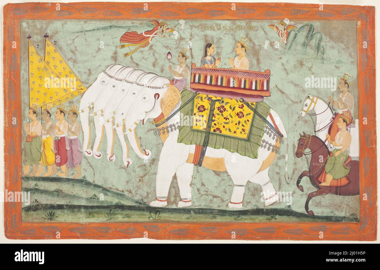 Indra et Sachi sur l'éléphant Divin Airavata, Folio d'un Panchakalyanaka (cinq événements de la vie de Jina Rishabhanatha [Adinatha]). Inde, Rajasthan, Ambre, vers 1670-1680. Mises en plan; aquarelles. Aquarelle opaque, or et argent sur papier Banque D'Images