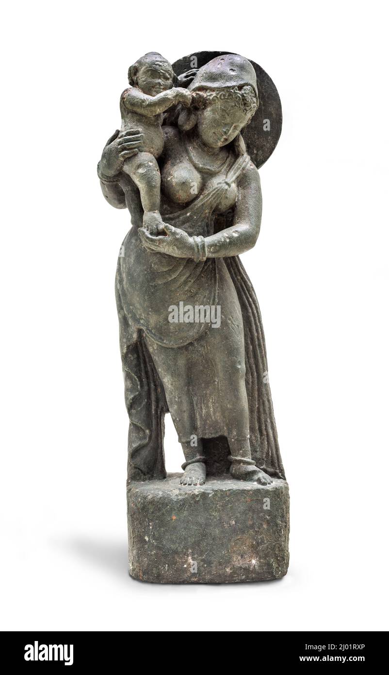 Mère Déesse et enfant. Inde, Rajasthan, Tanesar-Mahadeva, vers 500-550. Sculpture. Schist vert foncé folié Banque D'Images