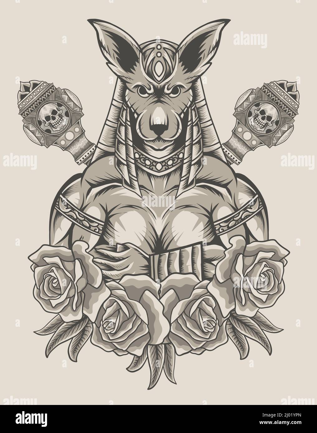 illustration anubis avec une arme de rose et de marteau Illustration de Vecteur