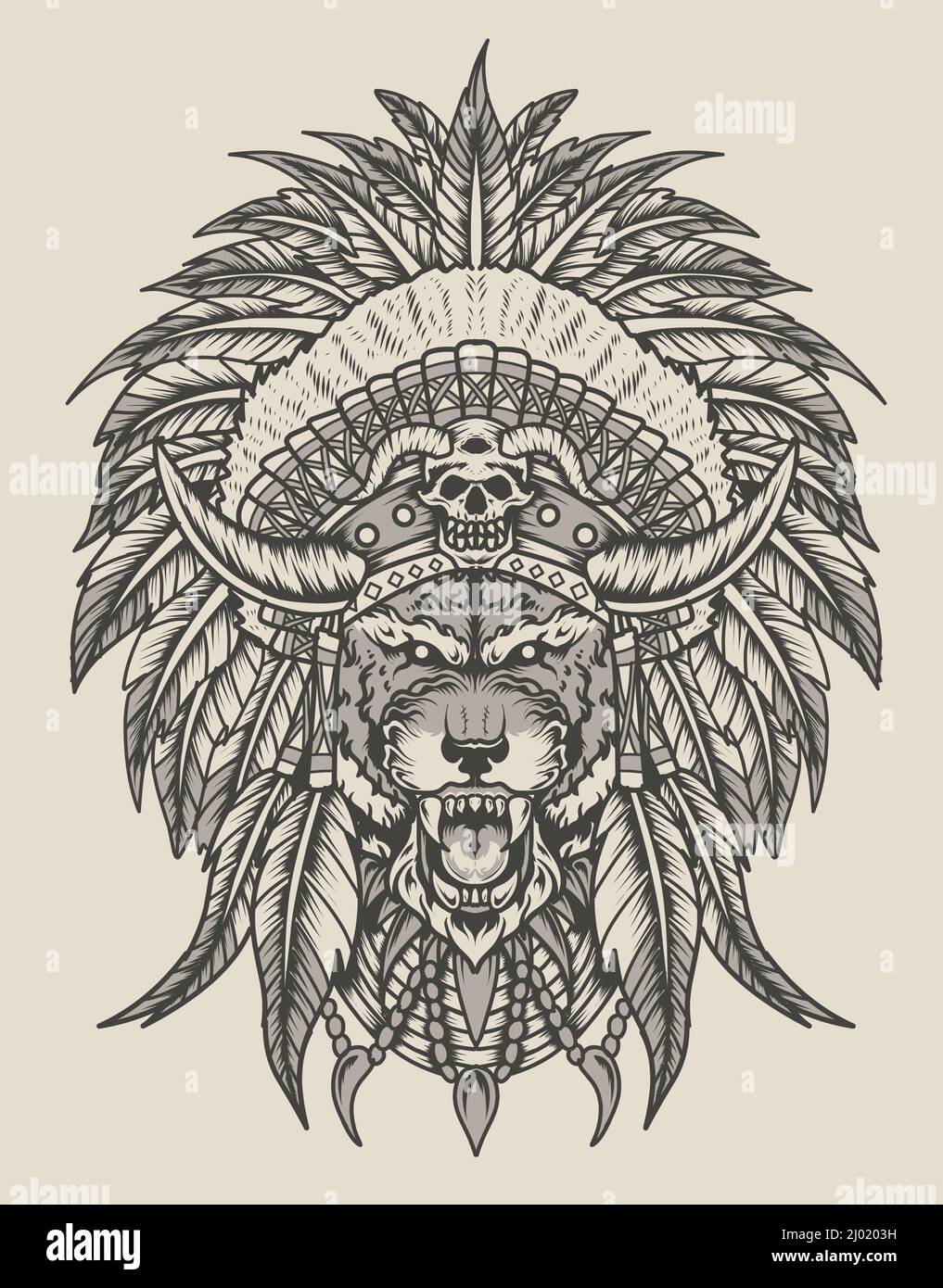 illustration de style indien tigre apache monochrome Illustration de Vecteur