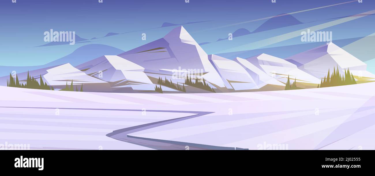 Hiver montagnes paysage paysage, fond de la nature avec sentier trodden mènent à des rochers, terre couverte de neige. Resort, parc sauvage ou jardin avec des sommets glacés sous le ciel bleu, illustration vectorielle de dessin animé Illustration de Vecteur