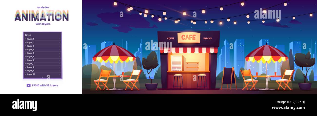Street café à la nuit fond de paysage urbain avec des couches pour 2D jeux d'animation. Une cafétéria extérieure avec des tables et des chaises sous un parasol et des guirlandes avec vue sur les gratte-ciel, illustration vectorielle du dessin animé Illustration de Vecteur