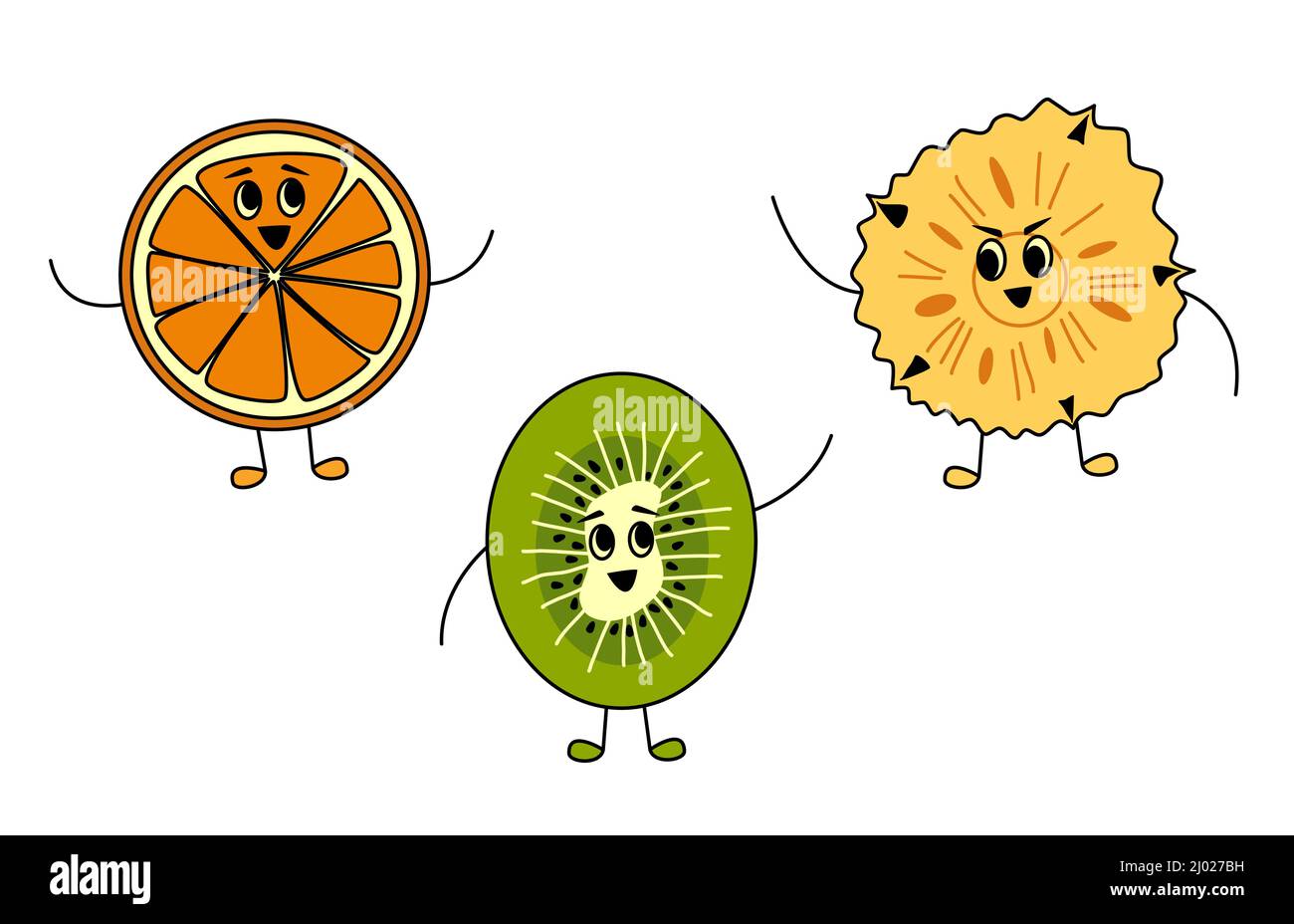 Adorables amis aux fruits dans un style de dessin animé. Des personnages de vitamines orange, kiwi et ananas souriant et orant bonjour ensemble Illustration de Vecteur