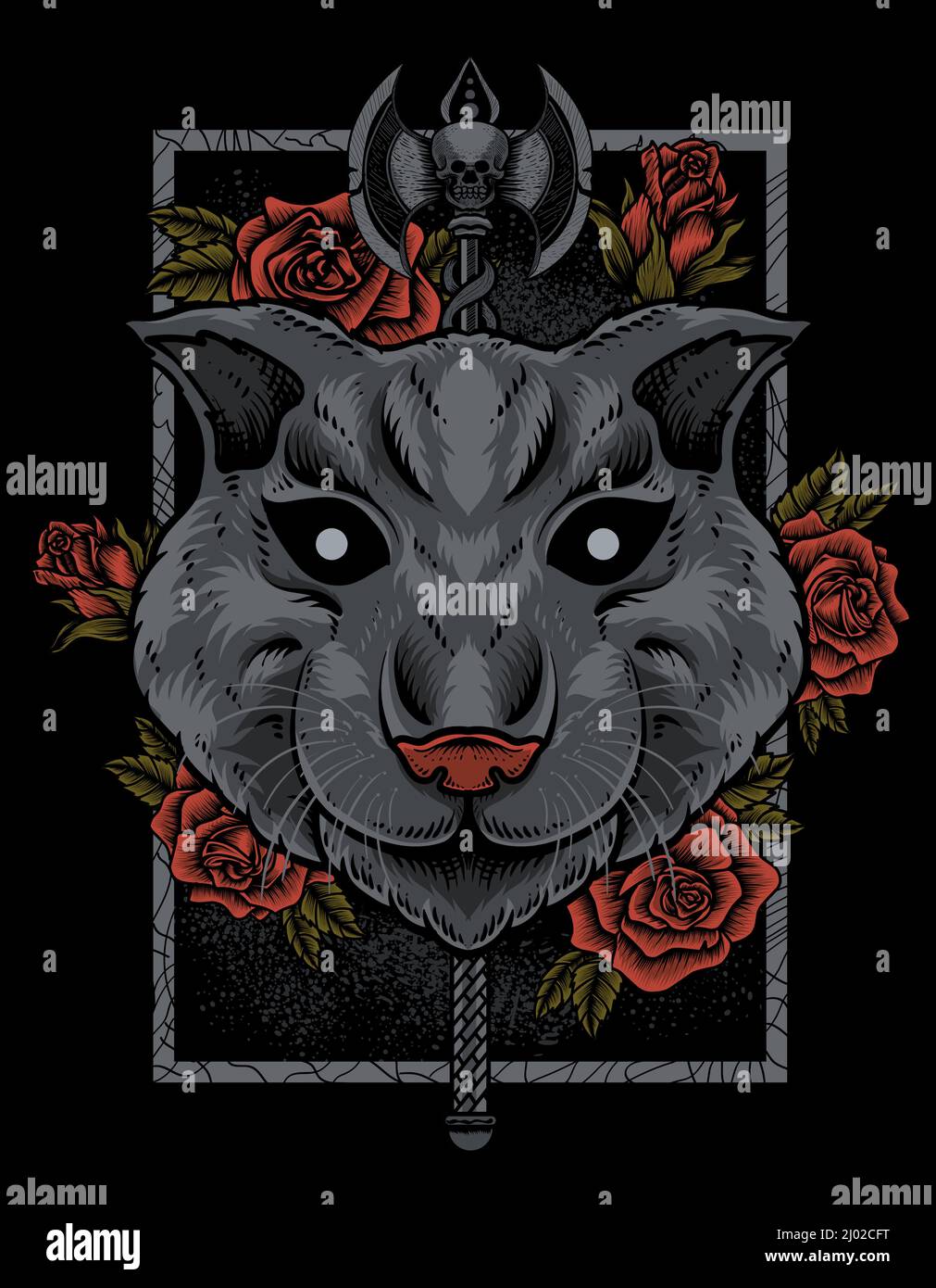 illustration tête de chat avec hache et fleur rose Illustration de Vecteur