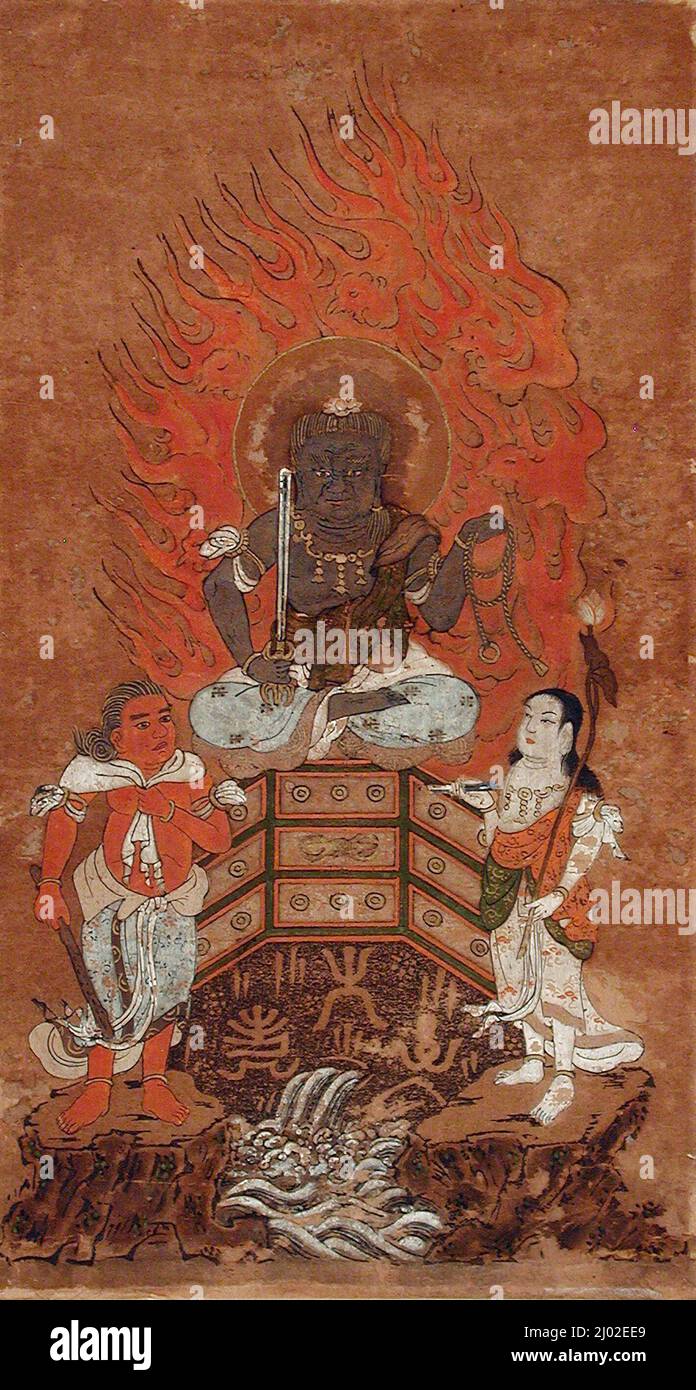 La sagesse bouddhiste Roi Fudō. Japon, 19th siècle. Imprime. Impression sur papier et couleur main Banque D'Images