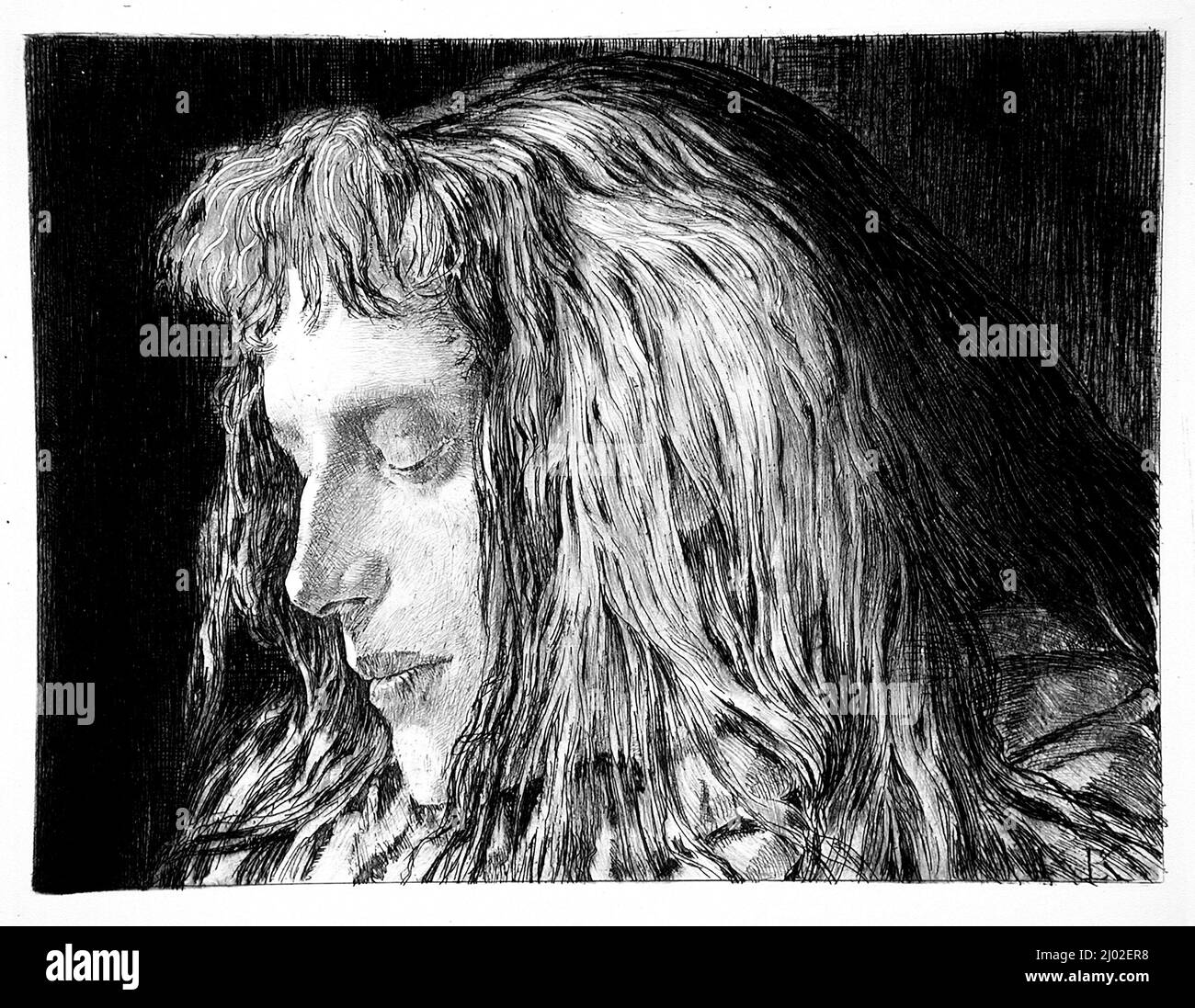 Chef d'une fille. Ernst Klotz. Allemagne, vers 1896. Tirages ; gravures. Gravure imprimée en noir et marron sur le colé de chine Banque D'Images