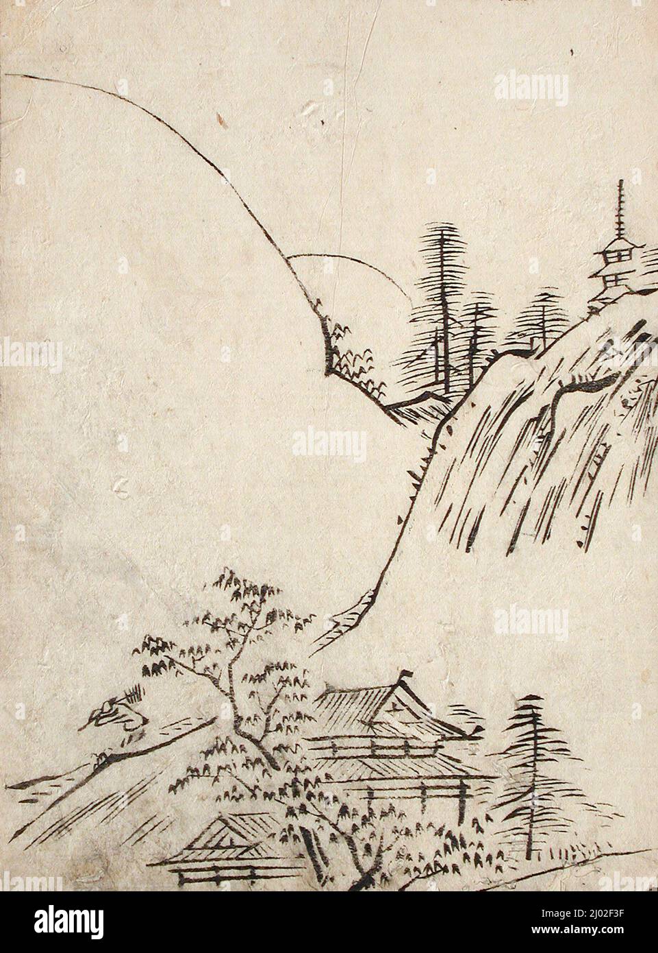 Paysage de montagne. Japon, vers 1740. Imprimés; blocs de bois. Page d'un livre imprimé en bois Banque D'Images