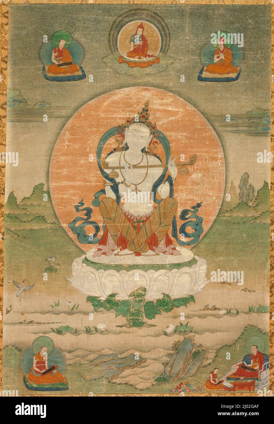 La Déesse Sarasvati. Tibet oriental, région de Kham, 18th siècle. Peintures. Pigments minéraux et or sur toile de coton Banque D'Images
