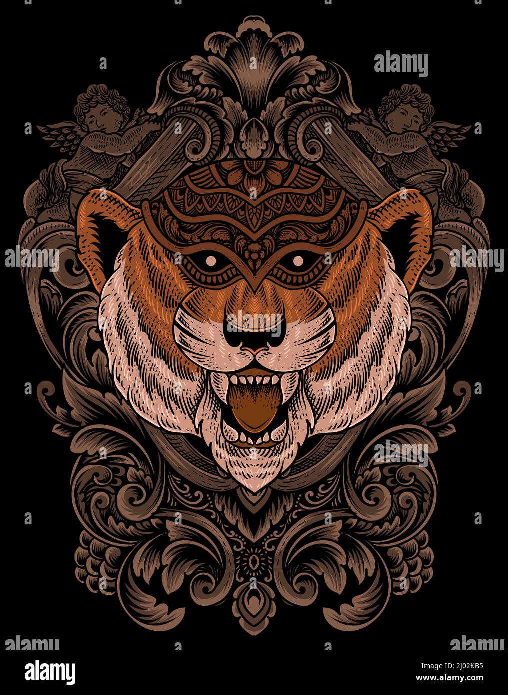 illustration tête de tigre style gravure avec masque Illustration de Vecteur